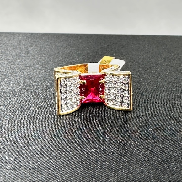 Bow Statement Ring Gold-Tone CZ Cocktail Ring Size 8 Red & Crystal Glam Loud - Picture 1 of 7